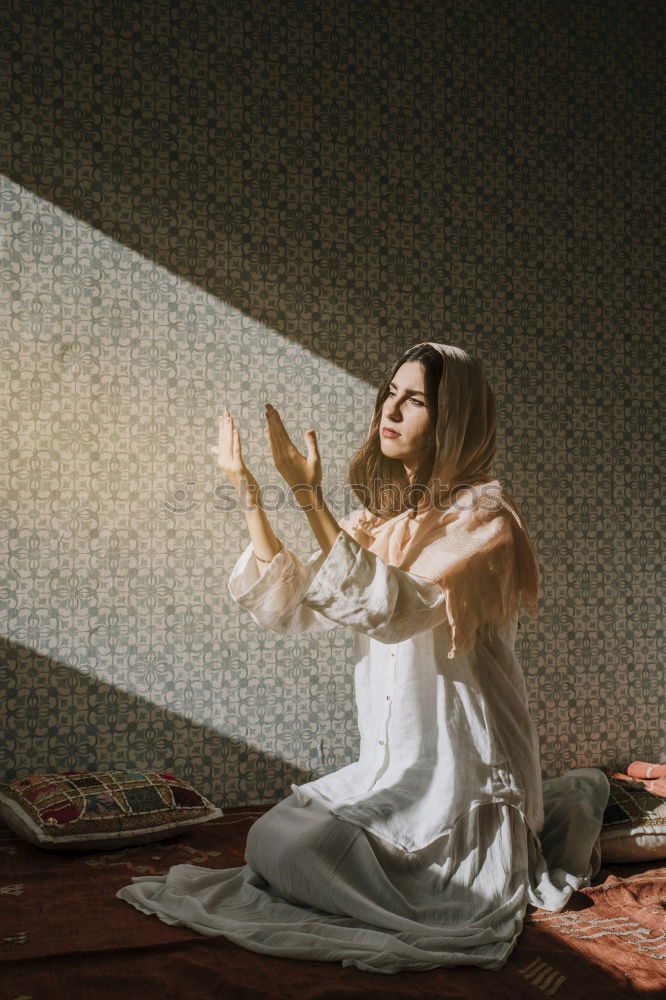 Similar – Image, Stock Photo Young redhead woman with a yellow dress in a yellow room