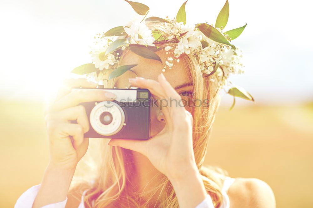 Similar – Image, Stock Photo Smiling girl with camera in the field