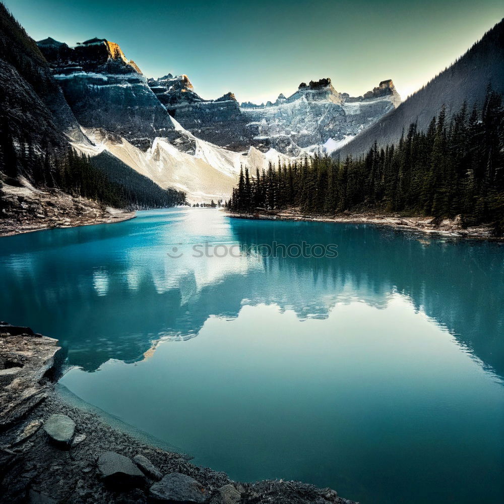 Image, Stock Photo Sunrise over the glacier behind Lake Louise, Canada