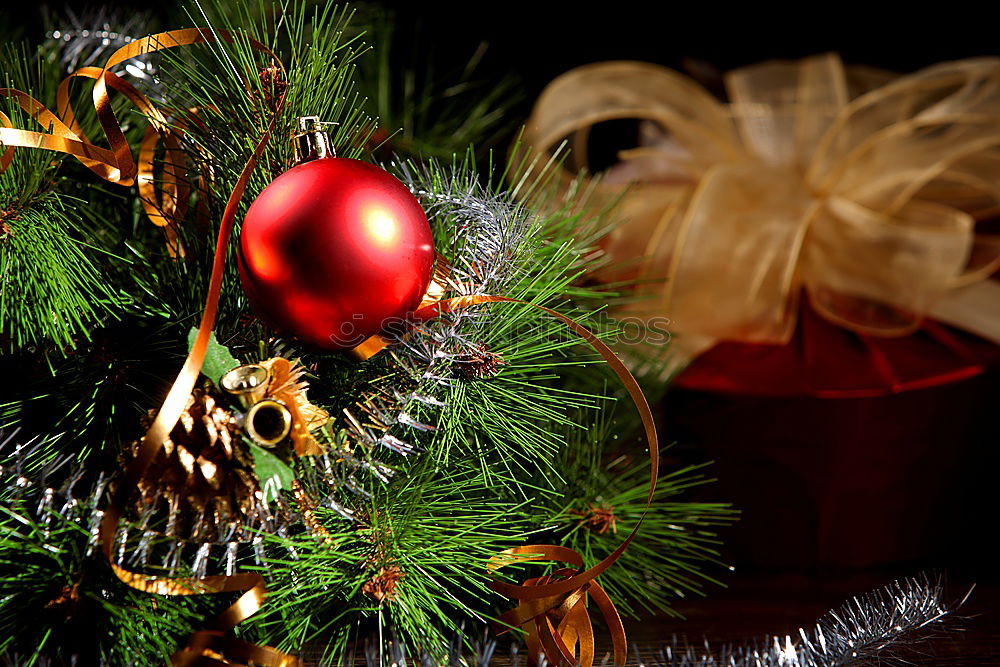 Similar – Image, Stock Photo Nostalgic, festive Christmas decoration with delicate fir branches, red bauble and ribbon. Red Christmas bauble hangs shiny on branches. Shiny Christmas bauble hangs from branches in old white nostalgic porcelain pot at home.