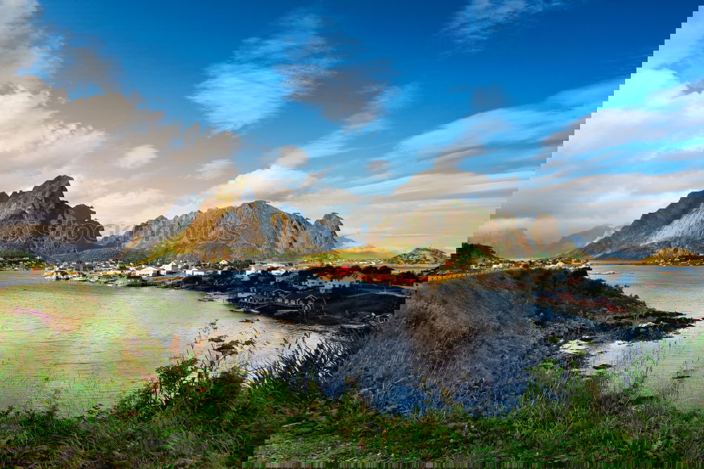 Image, Stock Photo Norway village Reine on a fjord. Nordic cloudy summer day.