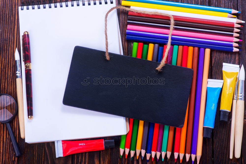 Similar – Image, Stock Photo Backpack, magnifying glass, notepad, scissors