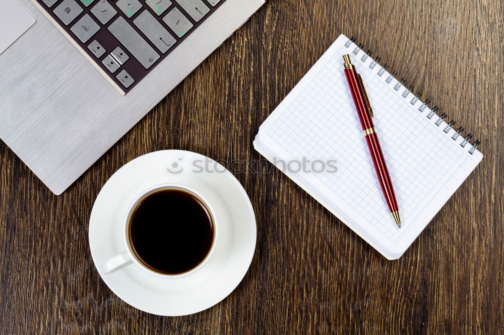 Similar – Blue office: note with pencil, sharpener, paper clips, eraser and a coffee cup