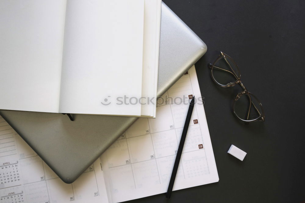 Similar – Image, Stock Photo workplace with tablet pc, notepads, camera and pen