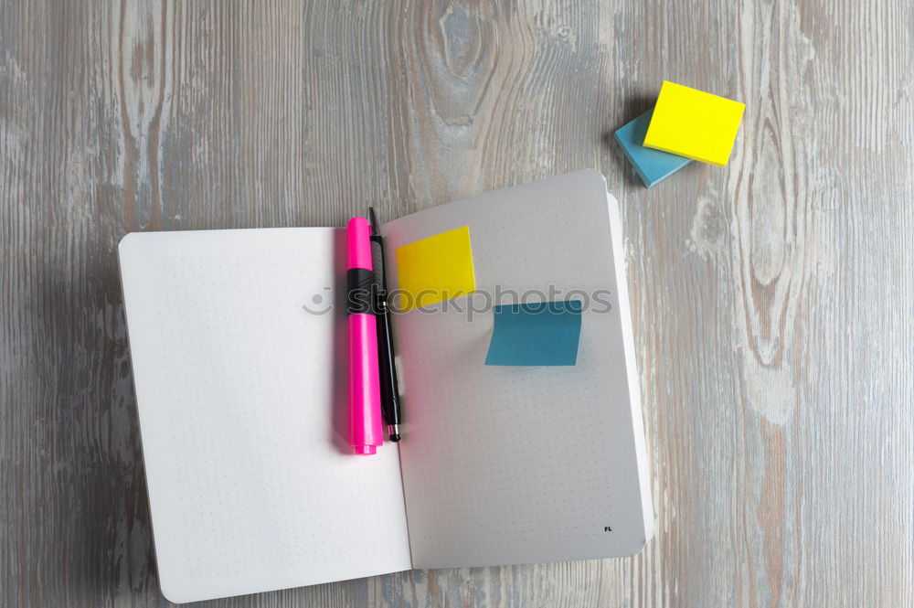 Similar – Blue office: note with pencil, sharpener, paper clips, eraser and a coffee cup