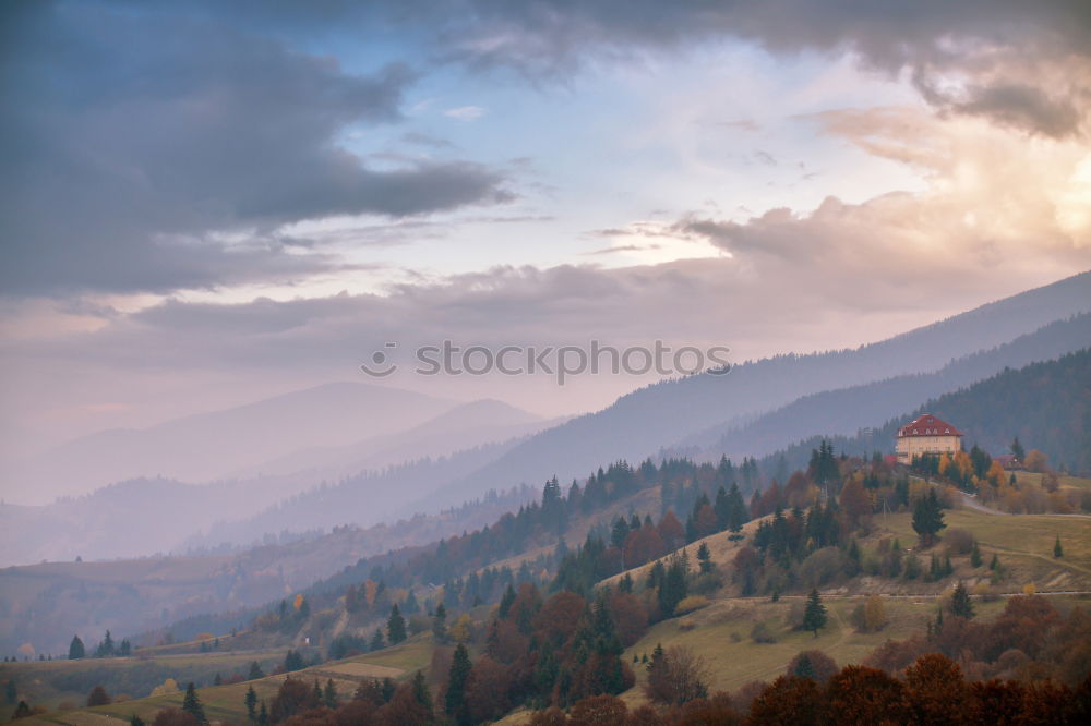 Similar – Slovakia autumn sunny morning panorama. Rural fall mountain