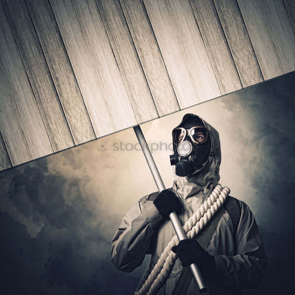 Similar – Image, Stock Photo portrait of a man in a gas mask and a hood