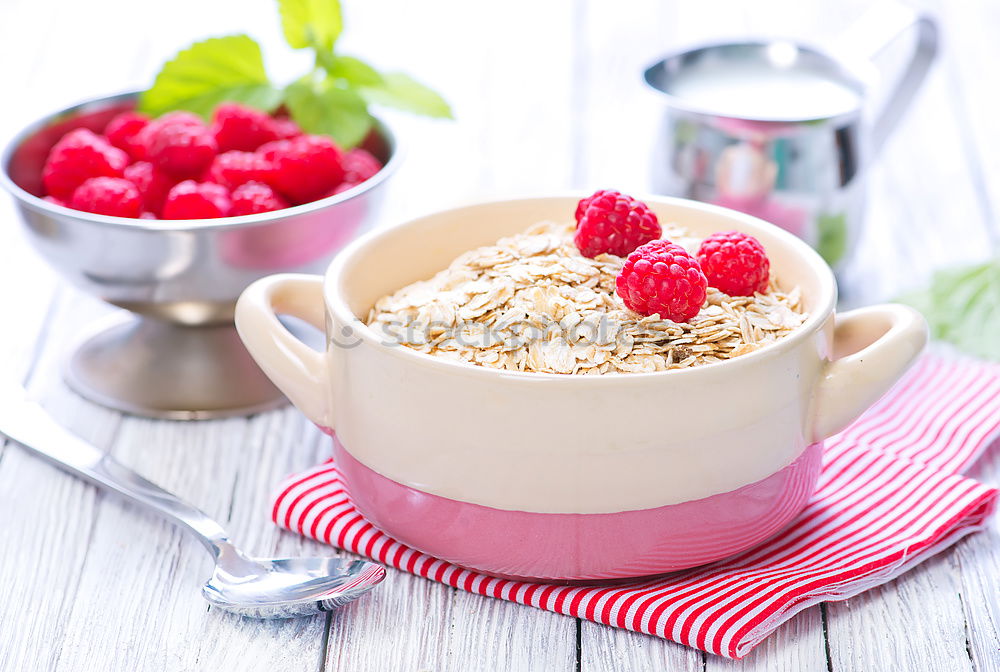 Image, Stock Photo Muesli with yoghurt and fruits on wood