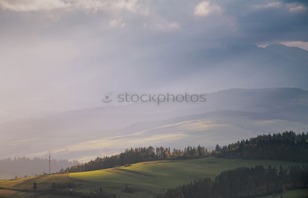 Similar – Slovakia autumn sunny morning panorama. Village in valley.