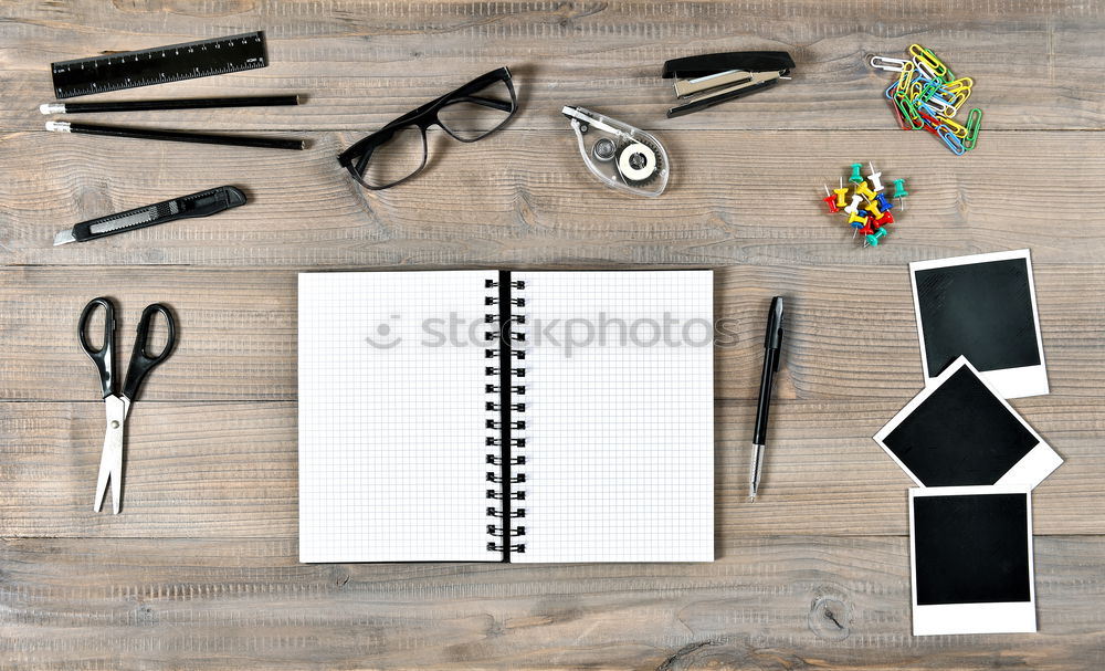 Similar – Image, Stock Photo Workplace with notepad, watch, pens and other office supplies