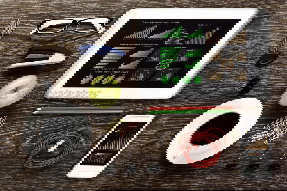 Similar – Image, Stock Photo Workplace with tablet pc, camera, watch and other office supply