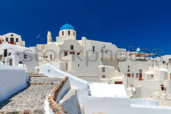 Image, Stock Photo Idyllic white houses on Santorini with windmills in front of blue sky