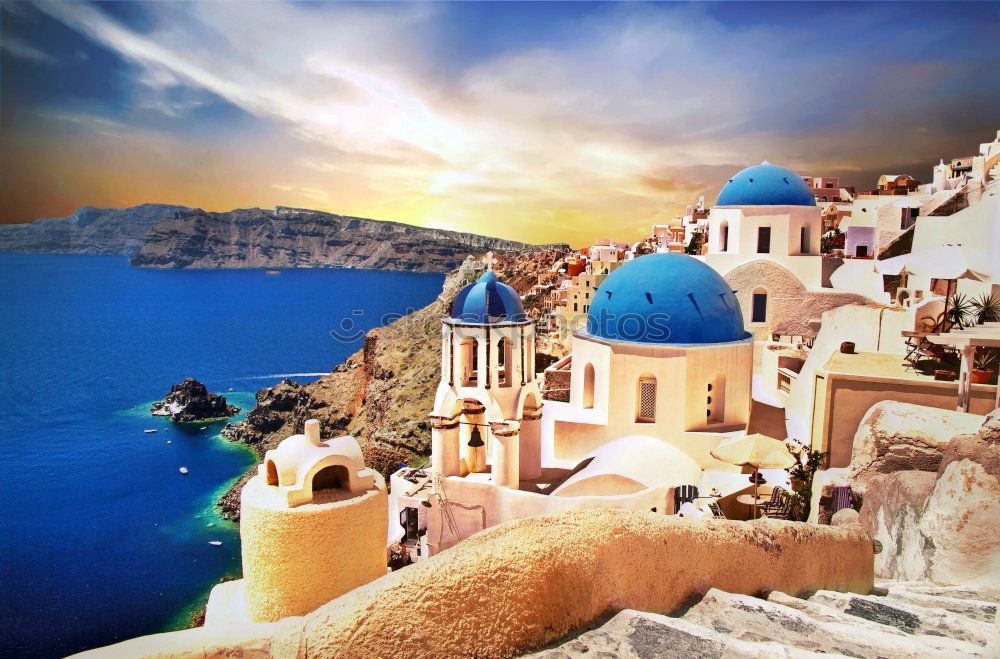 Similar – Image, Stock Photo View over the Greek island of Santorini with many houses and blue domed roofs