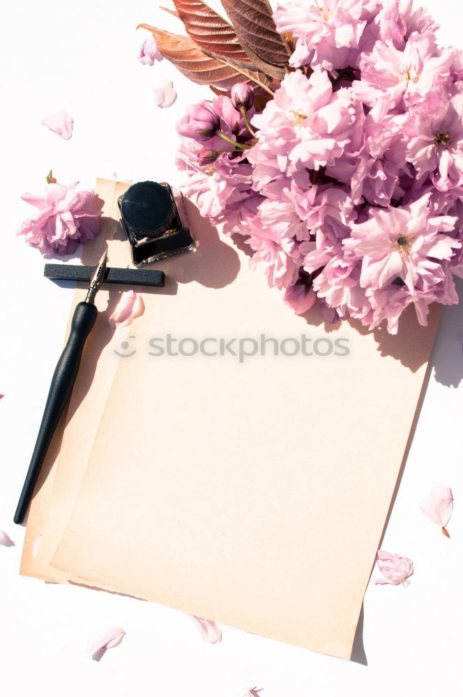 Female hands write greeting card with flowers