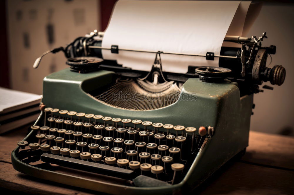 vintage photography still life with typewriter, folding camera, globe map and book on a wood table.