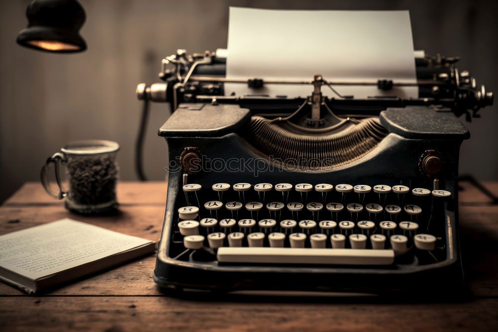 Similar – vintage photography still life with typewriter, folding camera, globe map and book on a wood table.