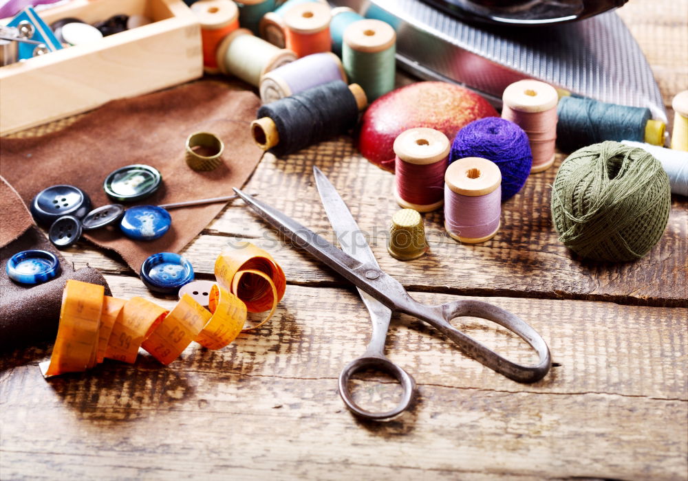 Similar – Image, Stock Photo Desk of fashion designer with sewing machine and tools