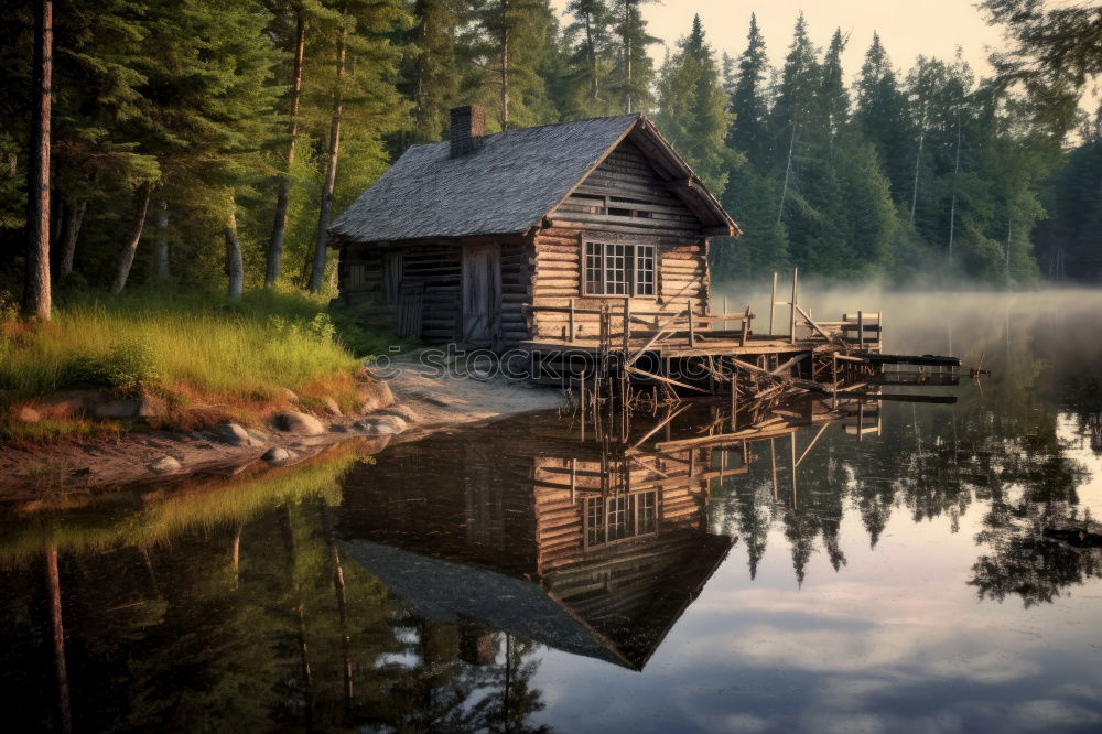 Similar – Lake Cabin Trip Mountain