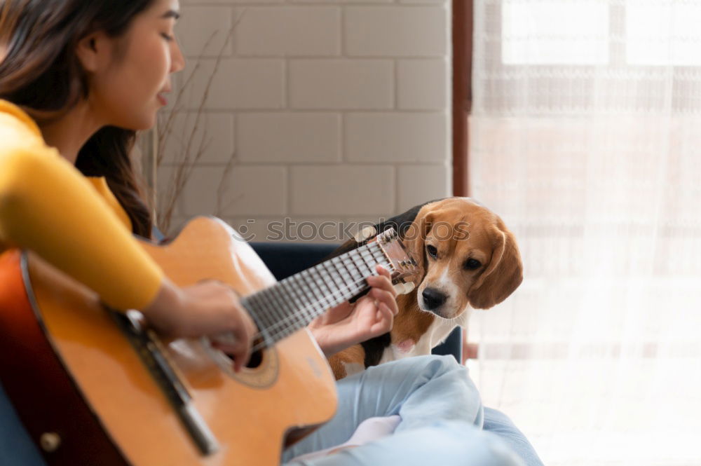 Image, Stock Photo Woman and dog relaxing at home