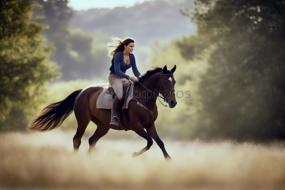 Similar – Young beautiful girl with white horse in forest. Woman horseback rider in boho style. Summertime nature scene.