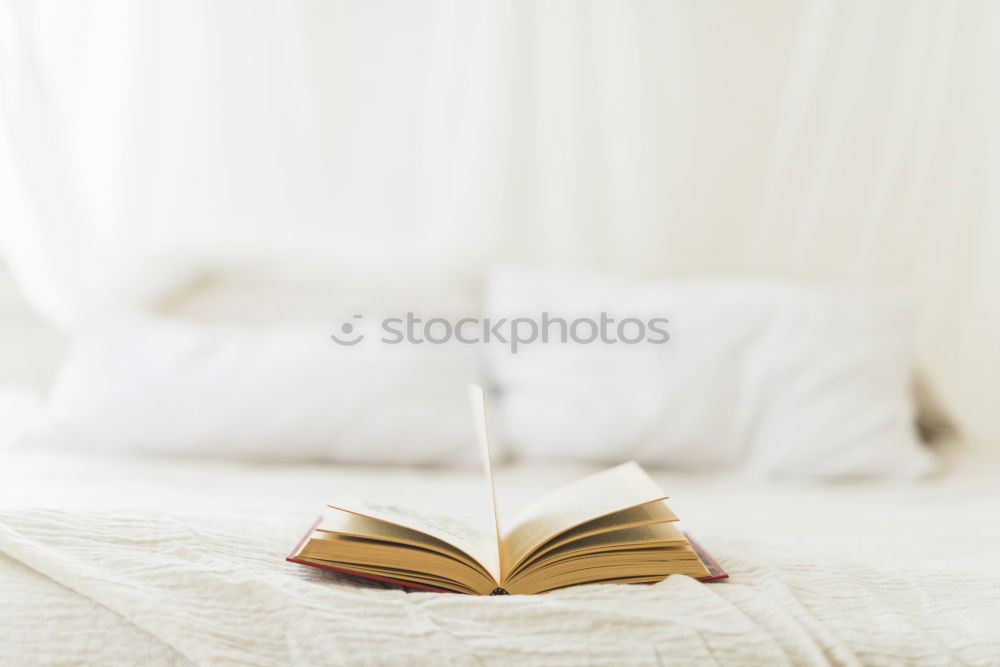 Foto Bild Weiches Foto von Frauenbeinen auf dem Bett mit einem alten Buch neben ihr