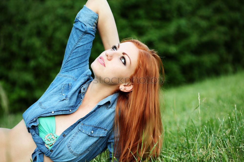 Similar – Image, Stock Photo Confident girl posing in green field