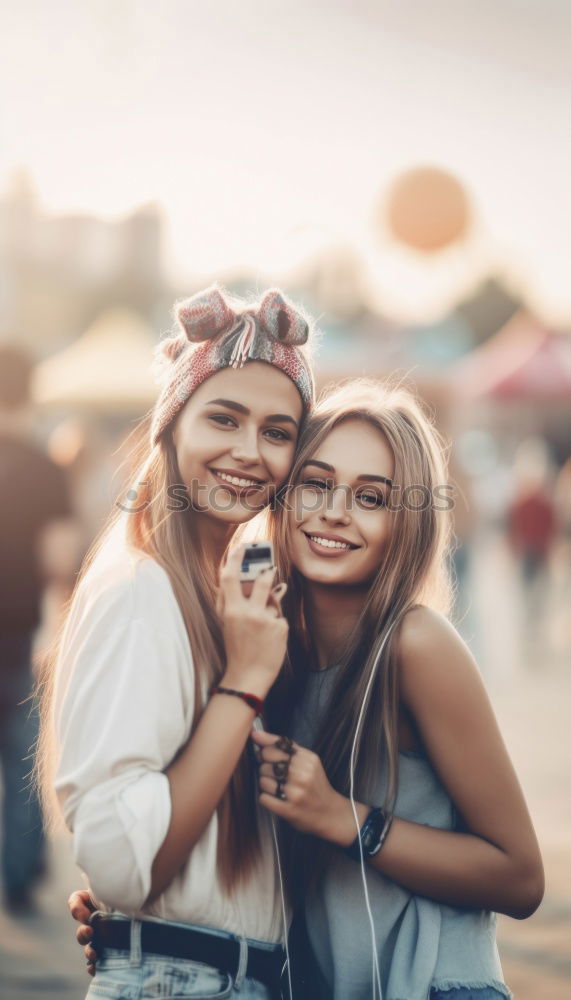 Similar – Beautiful women taking a selfie portrait in park.