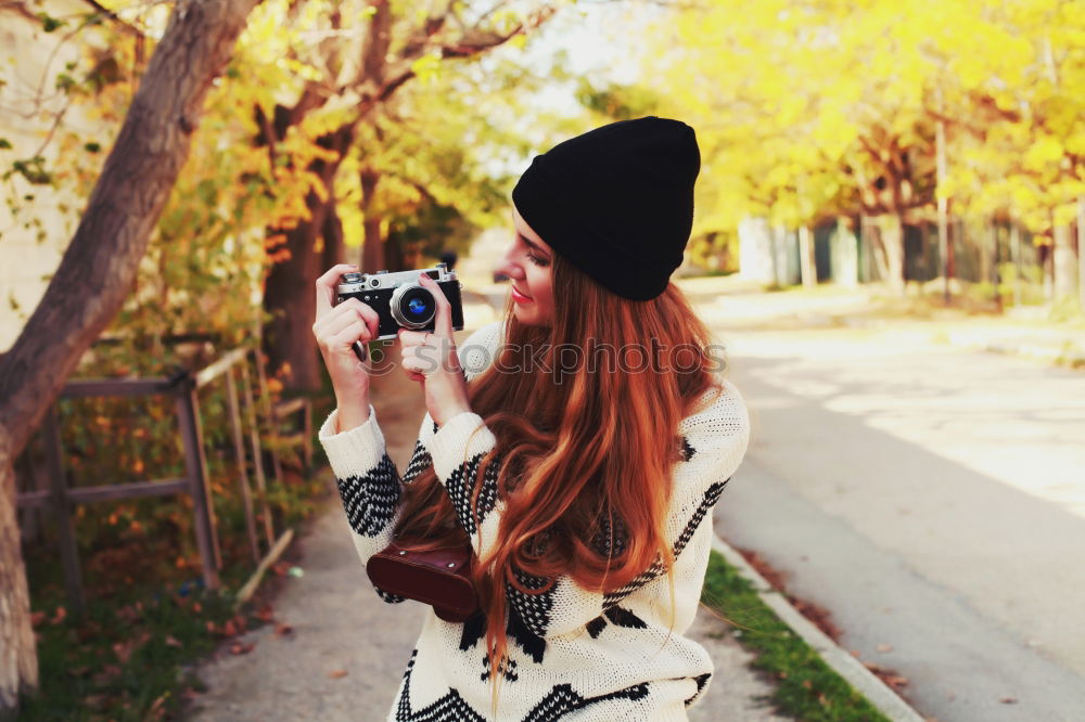 Similar – Image, Stock Photo Smiling girl with camera in the field