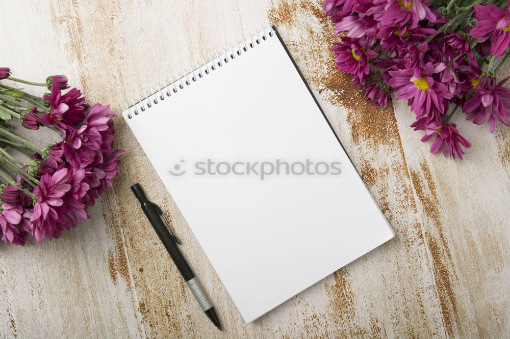 Image, Stock Photo Pink tulips, notebook or sketchbook and coloured markers