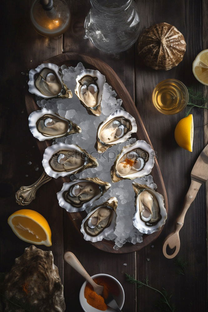 Similar – Image, Stock Photo Oysters with lemon and oyster knife