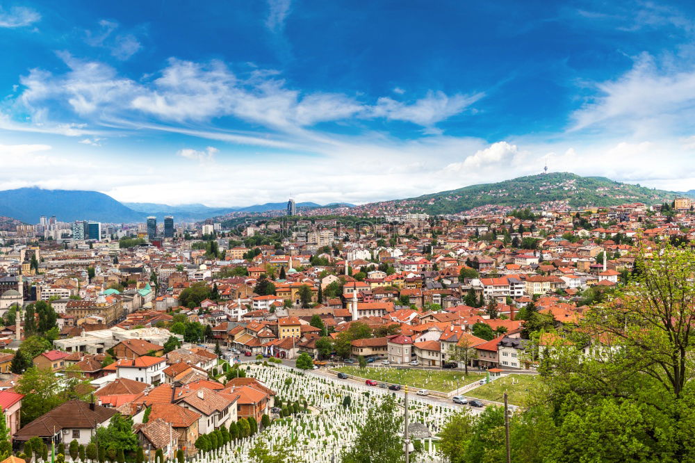 Similar – Image, Stock Photo Greek town evening panorama with red roof houses, valley and mountains in the background, Kalambaka, Thessaly, Greece