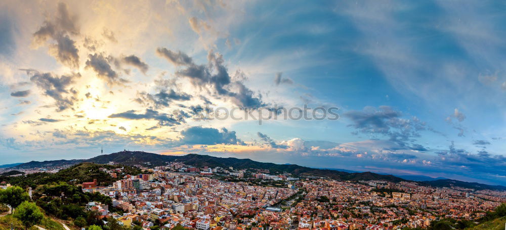 Image, Stock Photo Greek town sunset panorama with red roof houses, valley and mountains in the background, Kalambaka, Thessaly, Greece