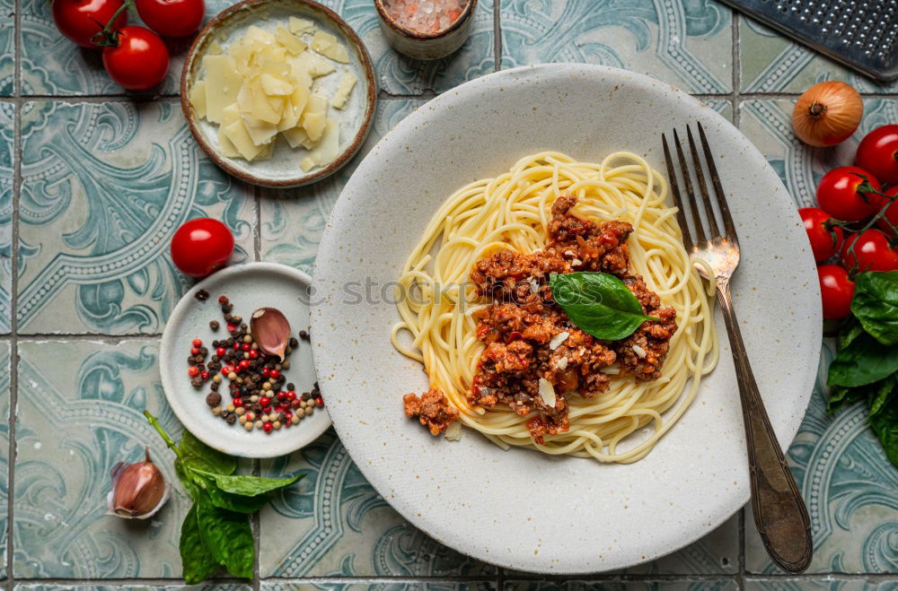 Similar – Image, Stock Photo Spaghetti Carbonara in old pot with parmesan and herbs.