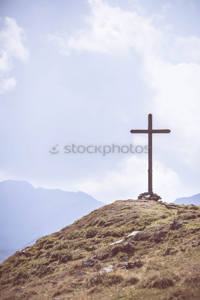 Similar – Image, Stock Photo Summit cross, woman with rucksack