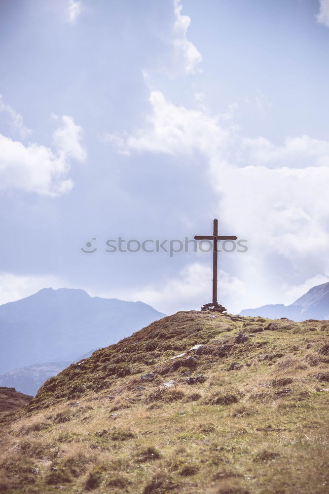 Similar – Image, Stock Photo Summit cross, woman with rucksack