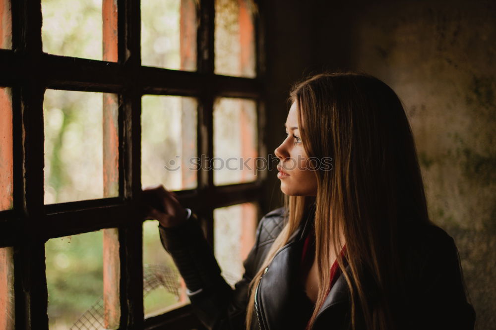 Image, Stock Photo Pensive blonde woman next to a windows