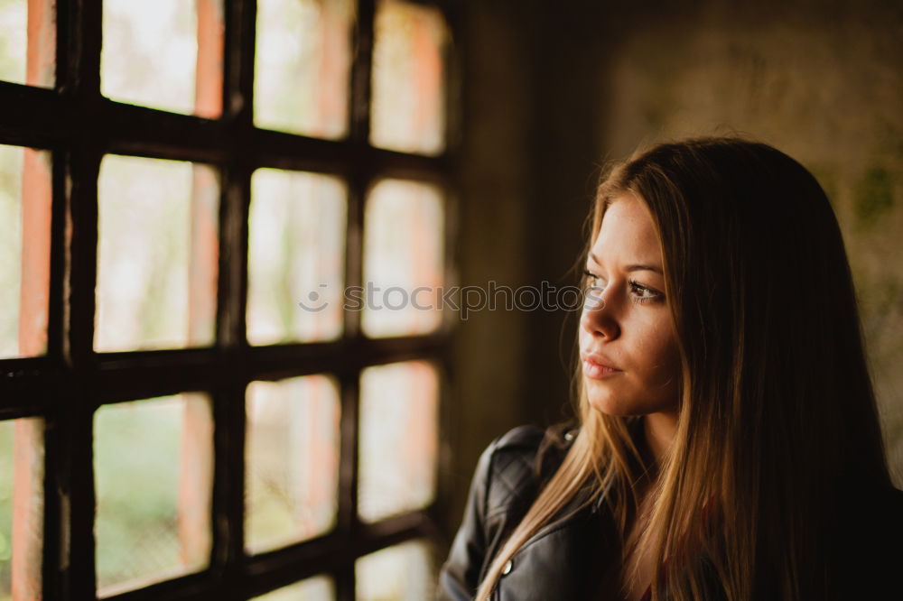 Similar – Image, Stock Photo Pensive blonde woman next to a windows