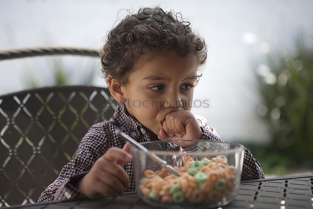 Similar – Little boy in a cafe during lunch. Hungry kid eating sausage from his sandwich