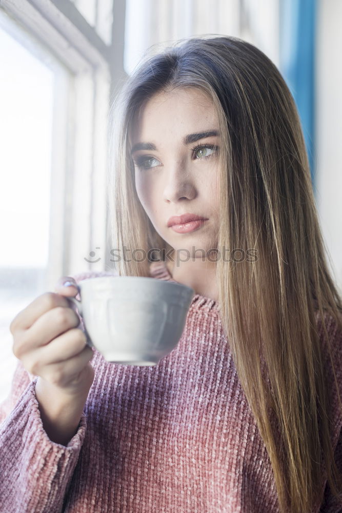 Similar – Image, Stock Photo Blonde girl drinking coffee from a reusable coffee mug