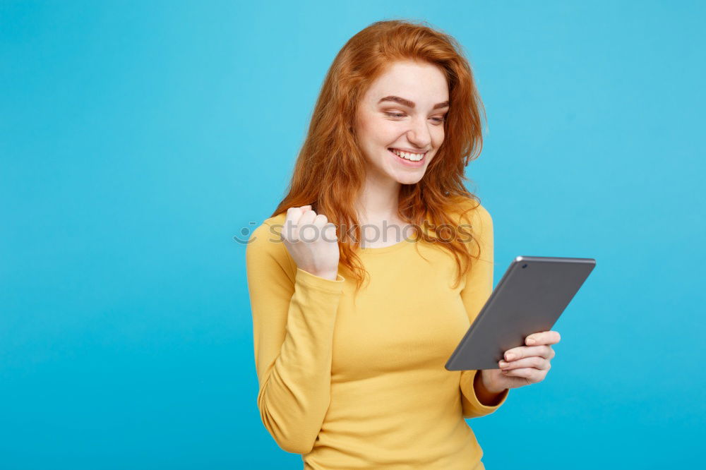 Similar – Image, Stock Photo Young woman in yellow dress using mobile phone