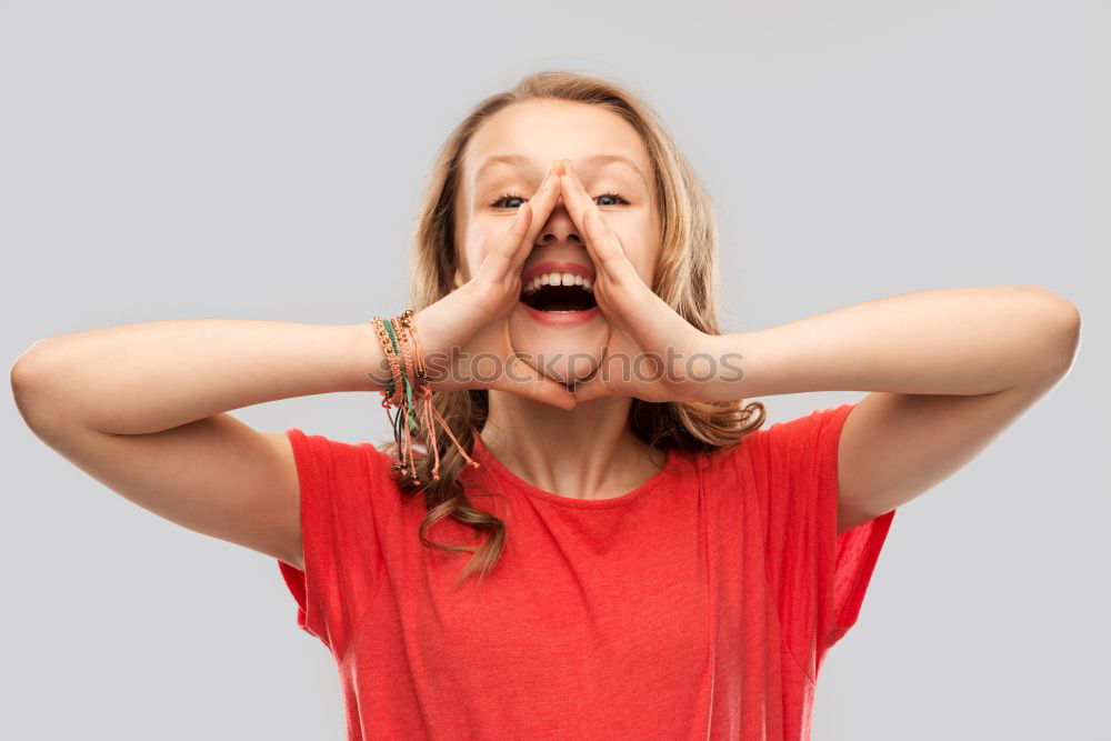 Similar – Image, Stock Photo Smiling blonde girl with red shirt enjoying life outdoors.