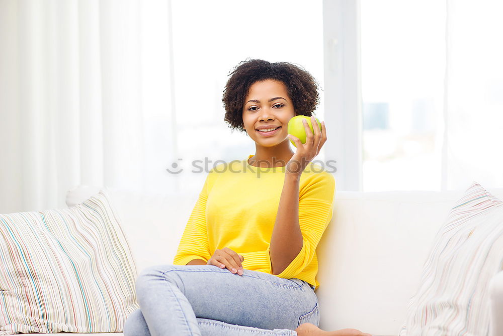 Similar – Image, Stock Photo Happy beautiful young black woman seating in the bed smiling