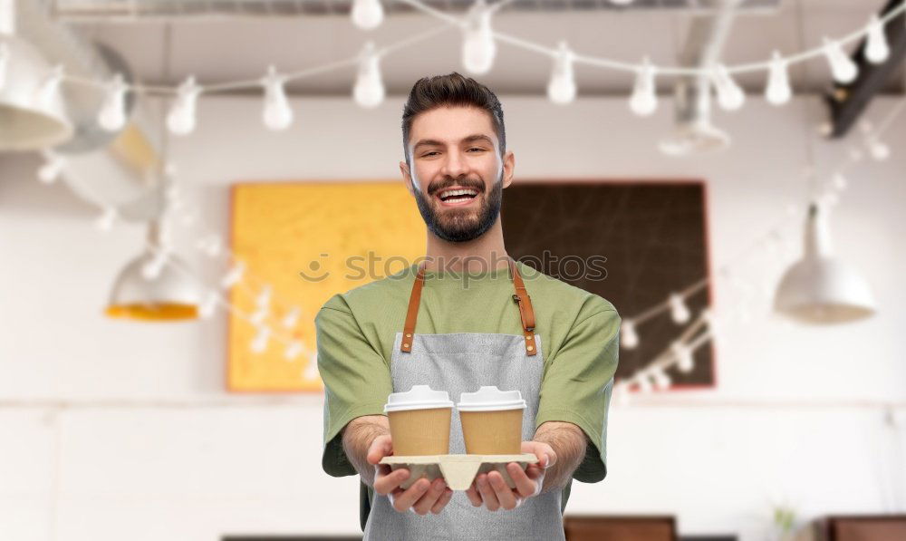 Image, Stock Photo Woman in work wear in her workshop by table with handmade items