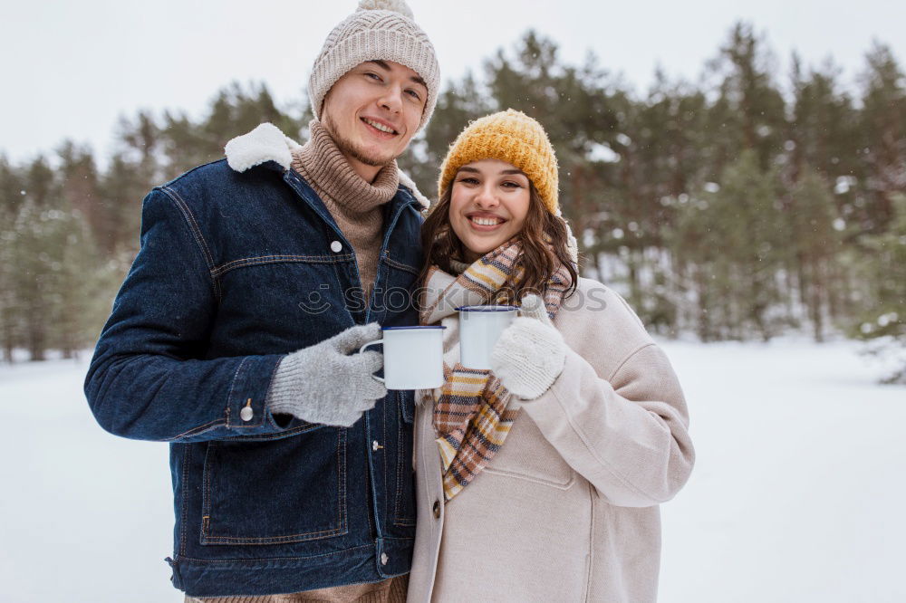 Similar – Image, Stock Photo happy young couple walking in winter snowy forest