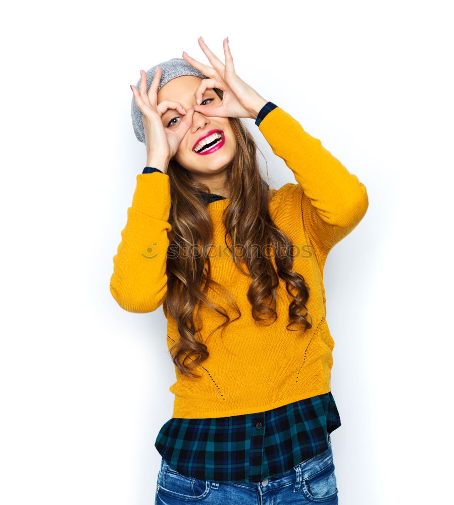 Similar – Image, Stock Photo Happy autumn or winter girl covering face with wool cap