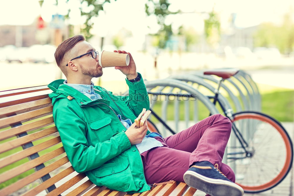 Image, Stock Photo Young man with mobile phone and fixed gear bicycle.