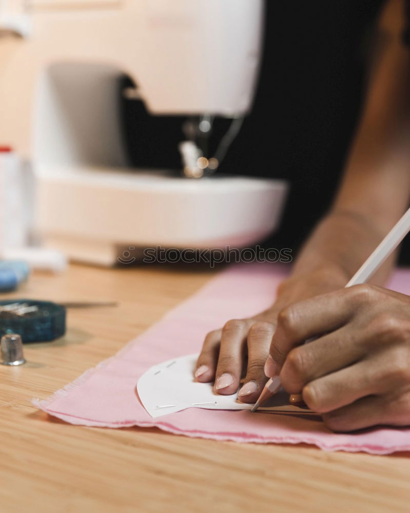 Similar – Image, Stock Photo Desk of fashion designer with sewing machine and tools