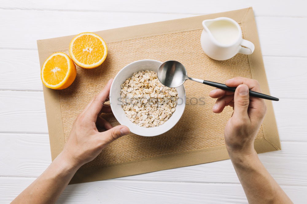 Similar – Image, Stock Photo Crop woman close up eating oat and fruits bowl for breakfast