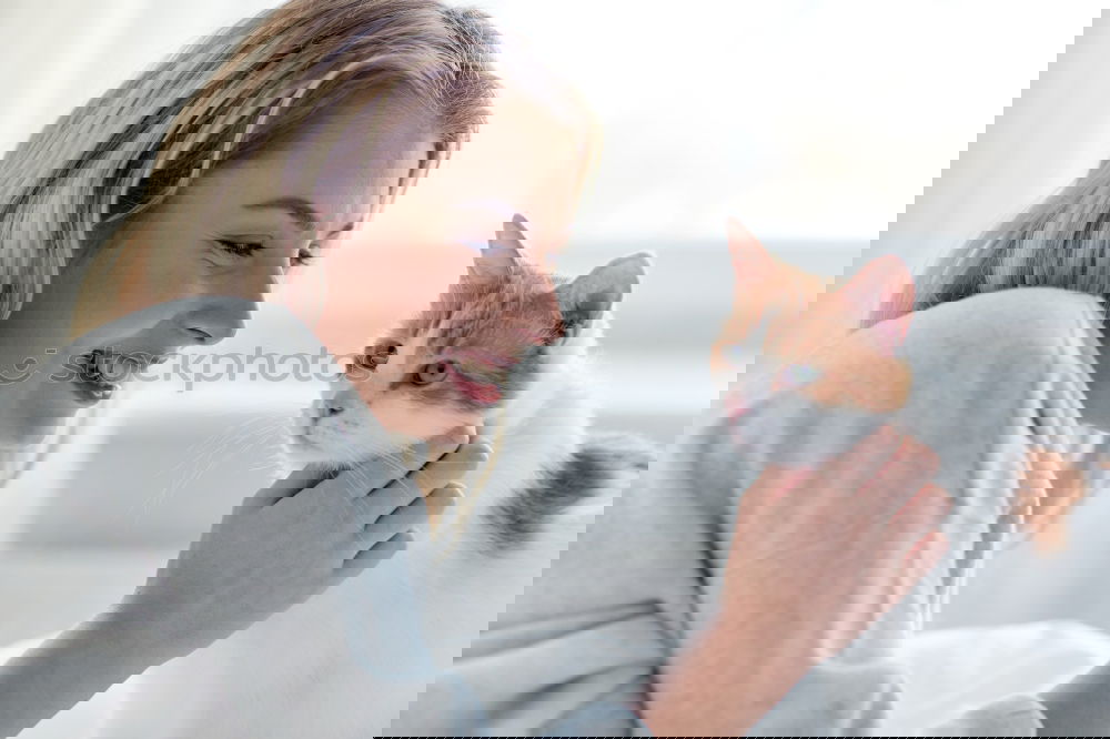 Similar – Image, Stock Photo Young woman with cat Woman