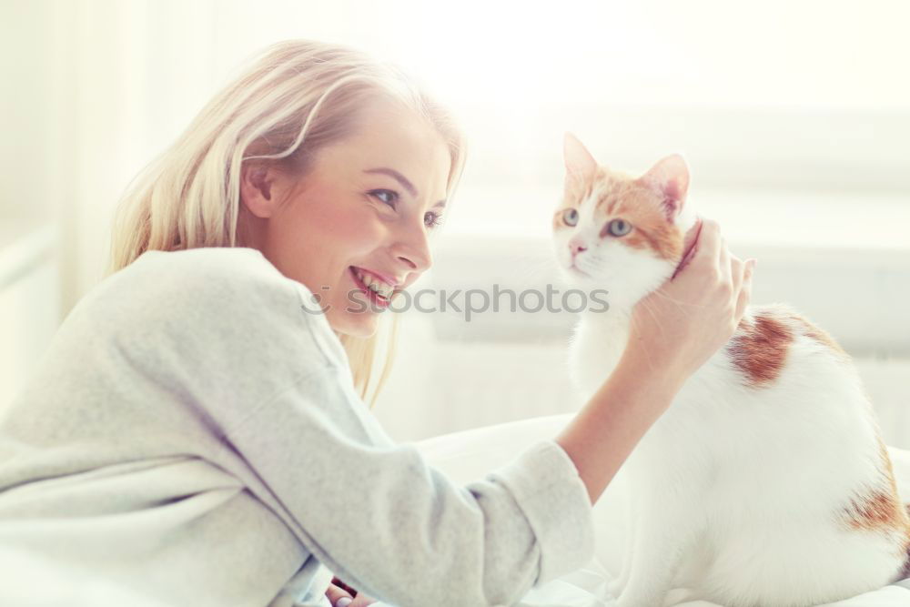 Similar – Image, Stock Photo Young woman with cat Woman